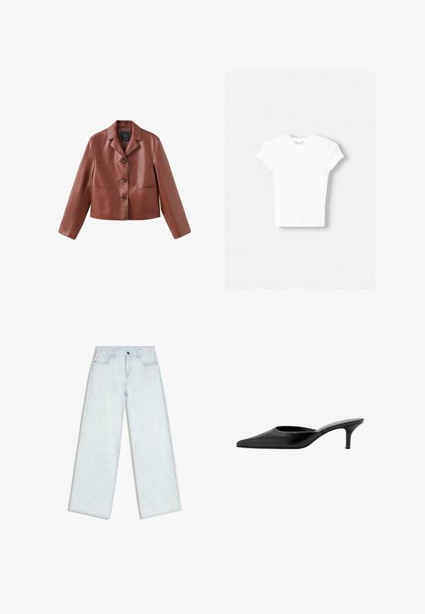 Veste en cuir marron coupée avec un col, trois boutons, deux poches avant et des manches longues. Le matériau a une finition lisse et brillante.; T-shirt blanc à manches courtes en coton doux, avec un col rond et une coupe ajustée. Pas de motifs ni d'ornements visibles.; Jean bleu clair à jambes larges avec fermeture à boutons et fermeture éclair sur le devant, passants pour ceinture et style cinq poches, posé à plat sur un fond blanc.; Mule en cuir noir à bout pointu, avec un petit talon fin et un design sans contrefort pour enfiler facilement.
