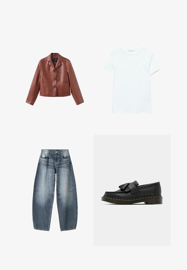 Veste en cuir marron coupée avec un col, trois boutons, deux poches avant et des manches longues. Le matériau a une finition lisse et brillante.; T-shirt blanc uni en coton à manches courtes, col rond, présenté à plat sur un fond blanc, sans motifs ni logos visibles.; Jean large en denim bleu clair avec décoloration, présentant un design à cinq poches, un bouton de fermeture et des détails de couture minimaux.; Mocassins en cuir noir avec un bout rond, présentant un détail à franges et une bande décorative à l'avant, montés sur un talon épais.