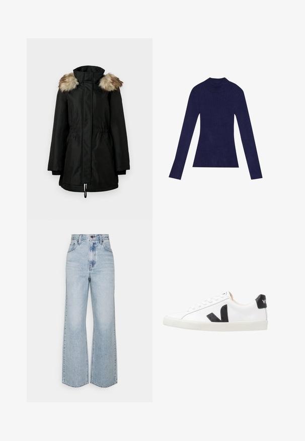 Manteau d'hiver long noir avec col montant et bordure en fourrure brune sur les épaules, doté d'une fermeture éclair à l'avant et d'une taille cintrée.; Pull en cachemire bleu marine avec col roulé et manches longues. Présente un design ajusté et une texture douce. Fabriqué à partir d'un matériau extensible.; Jean large en denim bleu clair avec taille haute, design classique à cinq poches et couture contrastante. Détail de ourlet brut en bas.; Baskets blanches avec un logo V noir, présentant un dessus en cuir lisse, un bout rond, un système de laçage et un empiècement au talon noir contrastant.