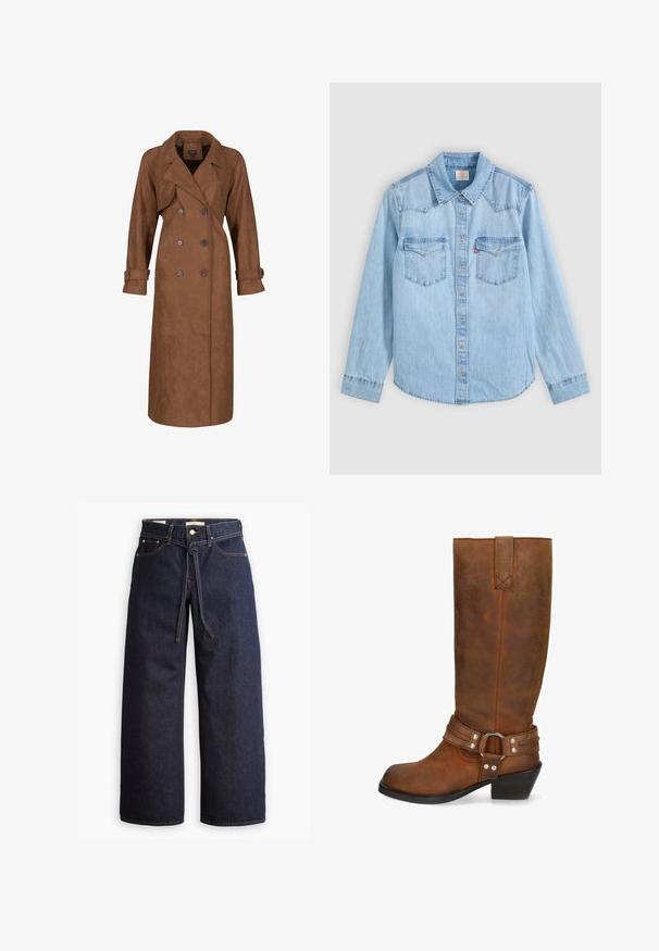 Lange bruin dubbelgeknoopte trenchcoat met brede revers en knoopsluitingen op de manchetten, gepresenteerd op een witte achtergrond.; Lichtblauw denim overhemd met lange mouwen, knoopsluiting, twee borstzakken met kleppen en een klassieke puntige kraag op een grijze achtergrond.; Wijd pijpjes donkerblauwe denim jeans met een hoge taille, voorzien van een trekkoord, vijf zakken en contrasterende stiksels.; Hoge bruine leren laars met een riempje en metalen ring rond de enkel, voorzien van een lage gestapelde hak en een trek lus aan de bovenkant.