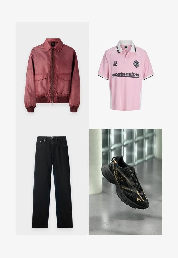 Bordeaux bomberjack met een ritsvoering, twee borstzakken, geribbelde manchetten en een gladde satijnachtige textuur. Kenmerkt zich door een klassiek ontwerp met kraag.; Roze voetbalshirt met korte mouwen, witte kraag, zwarte biezen, ""costa calma""-tekst en clublogo op de borst.; Zwarte spijkerbroek van denim met een rechte snit, vijf zakken ontwerp en metalen hardware. De stof heeft een gladde textuur en minimale vervaging.; Zwarte sportschoen met ademende meshpanelen, gouden accenten en een gestructureerde zool. Voorzien van veters, een afgeronde neus en een dempend ontwerp.