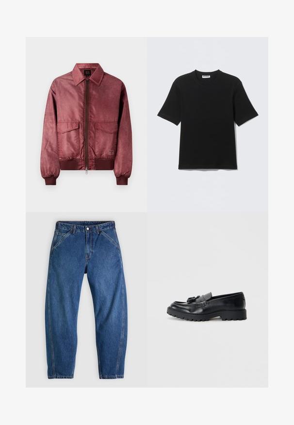 Bordeaux bomberjack met een ritsvoering, twee borstzakken, geribbelde manchetten en een gladde satijnachtige textuur. Kenmerkt zich door een klassiek ontwerp met kraag.; Zwart T-shirt met korte mouwen en ronde hals, met een label "WEEKDAY" aan de binnenkant van de kraag, plat neergelegd op een lichte achtergrond.; Blauwe spijkerbroek met een ontspannen pasvorm, voorzien van een knoopsluiting, vijf zakken en contrasterende oranje stiksels. Gladde textuur over het hele oppervlak.; Zwarte leren loafers met een glanzende afwerking, een dikke rubberen zool en een decoratieve kwastdetail aan de voorkant.