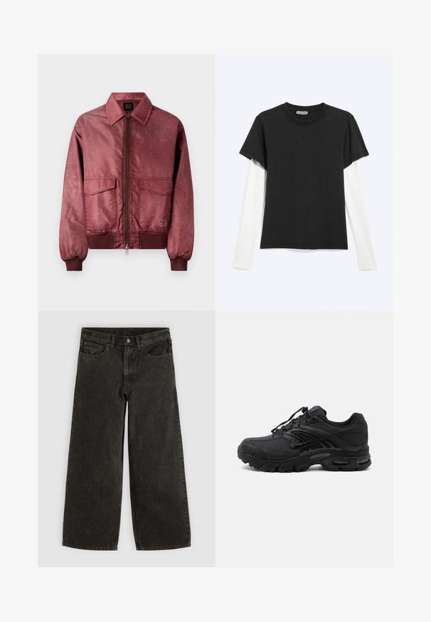 Bordeaux bomberjack met een ritsvoering, twee borstzakken, geribbelde manchetten en een gladde satijnachtige textuur. Kenmerkt zich door een klassiek ontwerp met kraag.; Zwart T-shirt met korte mouwen gedragen over een wit shirt met lange mouwen, plat gelegd op een lichtgrijze achtergrond met het WEEKDAY-label zichtbaar aan de binnenkant van de kraag.; Zwarte jeans met wijde pijpen, voor met knoop en rits, riemlussen en vijf zakken, plat neergelegd op een witte achtergrond.; Zwarte atletische sneaker met textuurstof, dikke gevoerde zool, luchtopeningen en vetersluiting, vanaf de zijkant weergegeven tegen een lichte achtergrond.