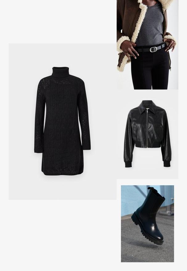Schwarze, taillierte Lederjacke mit spitzem Kragen, Reißverschluss und elastischen, schwarzen Bündchen sowie Saum. Verfügt über seitliche Taschen.; Schwarzes langärmliges gestricktes Rollkragenkleid mit gemusterter Textur und gerippten Bündchen, dargestellt vor hellem einfarbigem Hintergrund.; Schwarzer Leder-Stiefelette mit elastischen Seitenteilen, rundlicher Spitze und einer dicken, strukturierten Sohle. Glatte Oberfläche mit minimalistischem Design.; Braune mit Schaffell gefütterte Jacke, graues V-Ausschnitt-Shirt, schwarzer Gürtel mit ovaler silberner Schnalle, schwarze enge Jeans, strukturierte Materialien und geschichtetes Design.