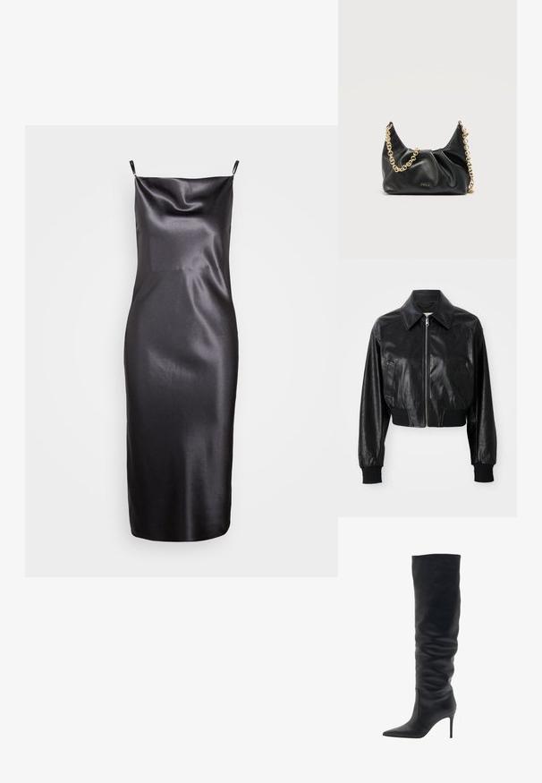 Zwarte leren cropped jacket met een puntige kraag, ritssluiting en elastische zwarte manchetten en zoom. Bevat zijzakken.; Samsøe Samsøe FREDERICKA LONG DRESS - Cocktailjurk - ombre dark; Scarosso CARRA - Laarzen - black calf; Zwarte Furla-handtas met gerimpeld leer en een gouden kettingschouderband, geplaatst tegen een effen lichte achtergrond.