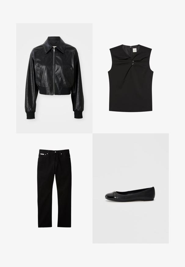 Zwarte leren cropped jacket met een puntige kraag, ritssluiting en elastische zwarte manchetten en zoom. Bevat zijzakken.; Mouwloze zwarte top met gedraaide knoopdetail en zilveren ring bij de halslijn, ritssluiting aan de achterkant en Calvin Klein-label binnenin de kraag.; Zwarte denim jeans met een rechte pijp, voorzien van een knoop- en ritssluiting, vijf zakken en een klein logovlaggetje op de tailleband.; Zwarte platte schoen met een ronde neus, voorzien van een glanzende gepatineerde neus en een leren bovenwerk met textuur, verfraaid met een klein metalen detail.