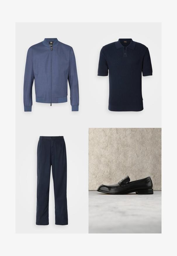 Veste aviateur bleu marine avec fermeture éclair à l'avant, poignets et col en bord-côte. Confectionnée en tissu lisse avec une texture subtile. Deux poches latérales.; Polo shirt en bleu marine à côtes avec un plastron à deux boutons, des manches courtes et un col plat. Le tissu a une finition texturée et une silhouette ajustée.; Pantalon bleu marine en mélange de coton. Présente une coupe droite, une fermeture à bouton sur le devant et de légères plis. Texture douce.; Mocassin en cuir noir avec un accent métallique, présenté en lévitation au-dessus d'un tapis beige, avec une table ronde de couleur ambre en arrière-plan.