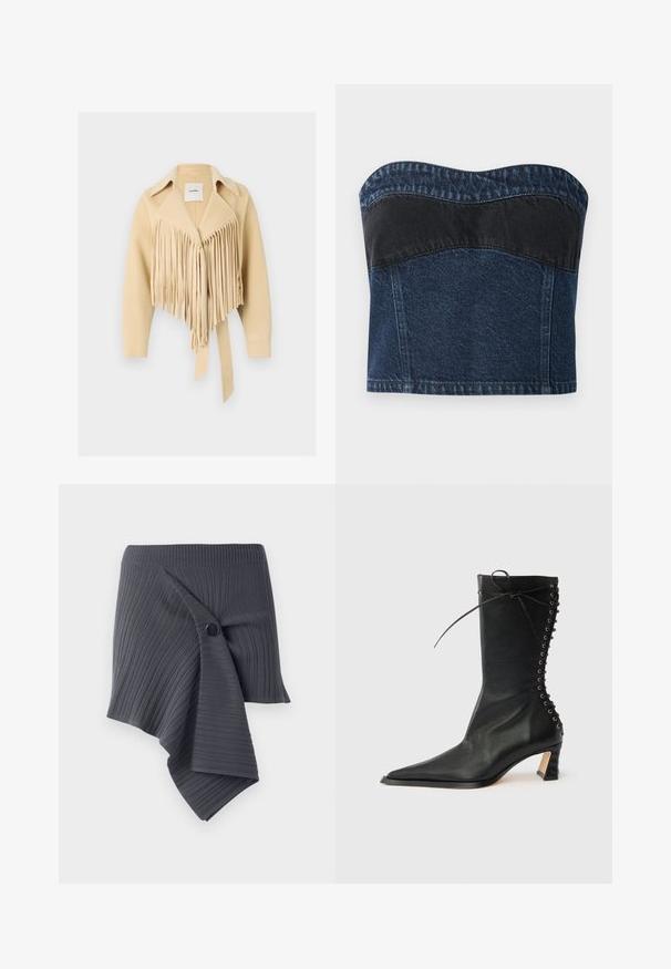 Nanushka TICIA - Veste mi-saison - creme; Haut sans bretelles en denim avec un design bleu foncé et un panneau noir sur la partie supérieure, texture lisse et décolleté arrondi.; Jupe enveloppante à côtes gris foncé avec un design torsadé et un accent de bouton noir rond. Fabriquée dans un matériau texturé et extensible.; Bottine noire en cuir avec bout pointu, talon fin, détail à lacets à l'arrière et œillets métalliques. Texture lisse avec un design élégant.