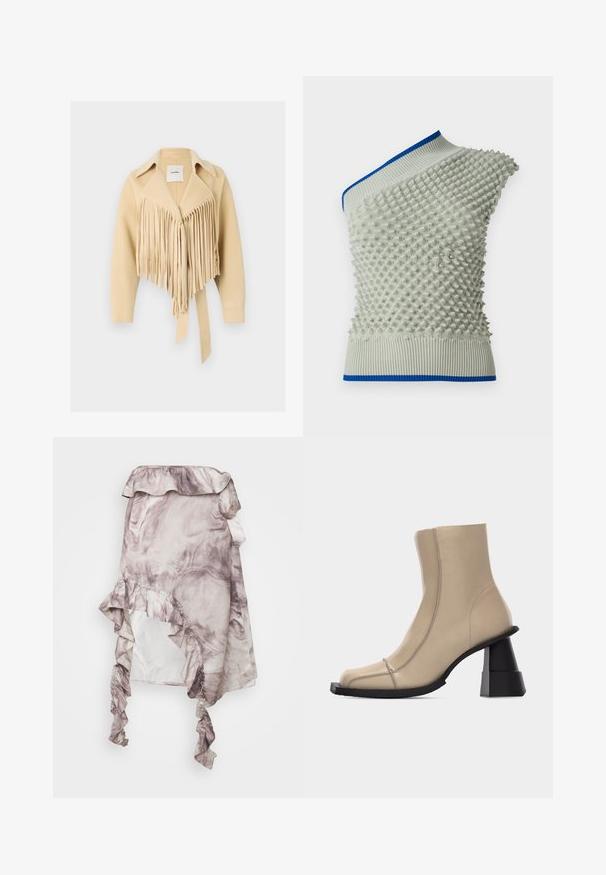 Nanushka TICIA - Veste mi-saison - creme; Haut en tricot asymétrique de couleur gris clair avec un motif texturé en relief ; il présente un col et un ourlet côtelés bleus. Des détails uniques rehaussent le design.; ROKH MIDI SKIRT RUFFLES - Jupe trapèze - purple; Bottine beige en cuir avec bout carré, couture visible, et talon bloc noir sculpté et épais sur fond blanc.