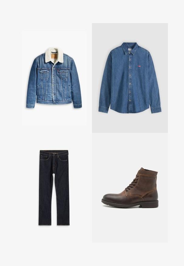 Denimjack met een lichtblauwe kleur, een kraag van schapenvacht, twee borstzakken, een knoopsluiting aan de voorkant en contraststiksels.; Blauw denim bloes met lange mouwen, kraag en beige knopen, met een klein rood Levi's-logo op de linkerborst.; Donkerblauwe recht gesneden denim jeans met voorkruiken, riemlussen en contrasterende oranje stiksels, plat gelegd op een witte achtergrond.; Jack & Jones JFWDELANEY BOOT - Veterboots - cognac