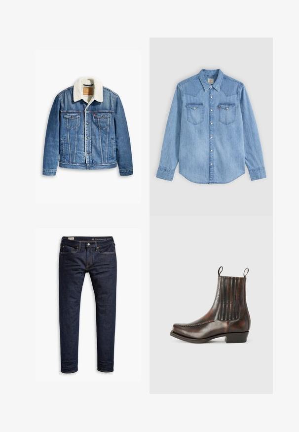 Veste en denim de couleur bleu clair, col en fourrure, deux poches poitrine, fermeture à boutons devant et surpiqûres contrastées.; Chemise en denim bleu clair à manches longues, col pointu, deux poches poitrine avec rabats et boutons pression blancs à l'avant.; Jean en denim bleu foncé avec une coupe slim, présentant des coutures orange, un design à cinq poches et des accessoires en métal. Texture lisse, sans motifs.; Bottine en cuir marron avec une finition lisse, des panneaux élastiques sur les côtés, un bout rond, des coutures décoratives et un petit talon carré.