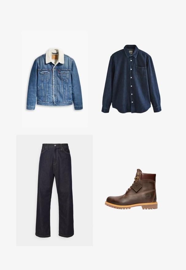 Denimjack met een lichtblauwe kleur, een kraag van schapenvacht, twee borstzakken, een knoopsluiting aan de voorkant en contraststiksels.; Donkerblauw denim overhemd met lange mouwen, knopen, kraag en één borstzak, getoond tegen een witte achtergrond.; Donkerblauwe rechte spijkerbroek met gele stiksels, voorknop, ritssluiting en vijf pocket ontwerp.; Bruine leren enkelboot met een ronde neus, stevige zool, hardware in goudkleur en een gestructureerde bovenkant. Inclusief een merklabel dat is bevestigd.