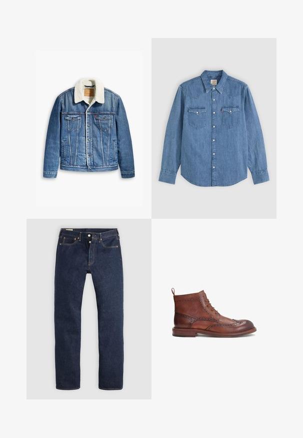 Veste en denim de couleur bleu clair, col en fourrure, deux poches poitrine, fermeture à boutons devant et surpiqûres contrastées.; Chemise en denim bleu à manches longues avec col pointu, devant boutonné et deux poches poitrine avec rabats à boutons sur fond uni.; Jean droit bleu foncé avec braguette à boutons, poches avant et arrière, et surpiqûres contrastantes, posé à plat sur un fond clair.; Botte en cuir marron avec des détails brogue décoratifs, bout rond, design à lacets et un petit talon empilé. Comprend une languette à l'arrière.