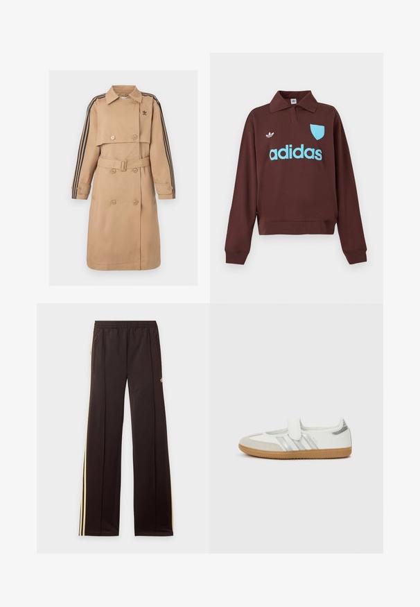 Beige trenchcoat med dobbeltradede knapper, bælte og sorte stribede detaljer på ærmerne; har krave og sidelommer.; Brun sweatshirt med polo krave, der har en lys blå "adidas" logo og skjolddetalje, lavet af blødt stof med en afslappet pasform.; Sorte træningsbukser med gule sidelister, elastisk taljebånd, lynlåslommer i siderne og en lille logo på den øvre lår.; Hvid sneaker med sølvstriber, ruskindsspids og velcrolukning. Sål af tekstureret gummimateriale. Minimalistisk design med glat finish.