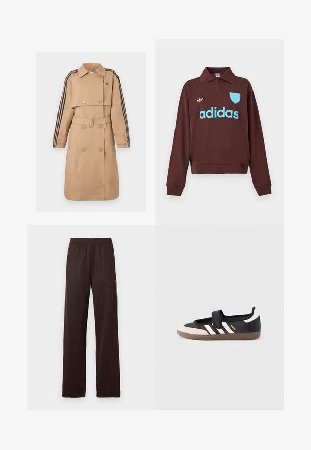 Beige trenchcoat med dobbeltradede knapper, bælte og sorte stribede detaljer på ærmerne; har krave og sidelommer.; Brun sweatshirt med polo krave, der har en lys blå "adidas" logo og skjolddetalje, lavet af blødt stof med en afslappet pasform.; Mørkebrune bukser med vidde ben, elastisk talje og sidelommer med lynlås, med diskret rødt logodetalje på øverste lår.; Sort og beige sko med velcrolukning, tre hvide striber på siden og en tekstureret brun gummisål. Mærkelogo er synligt.