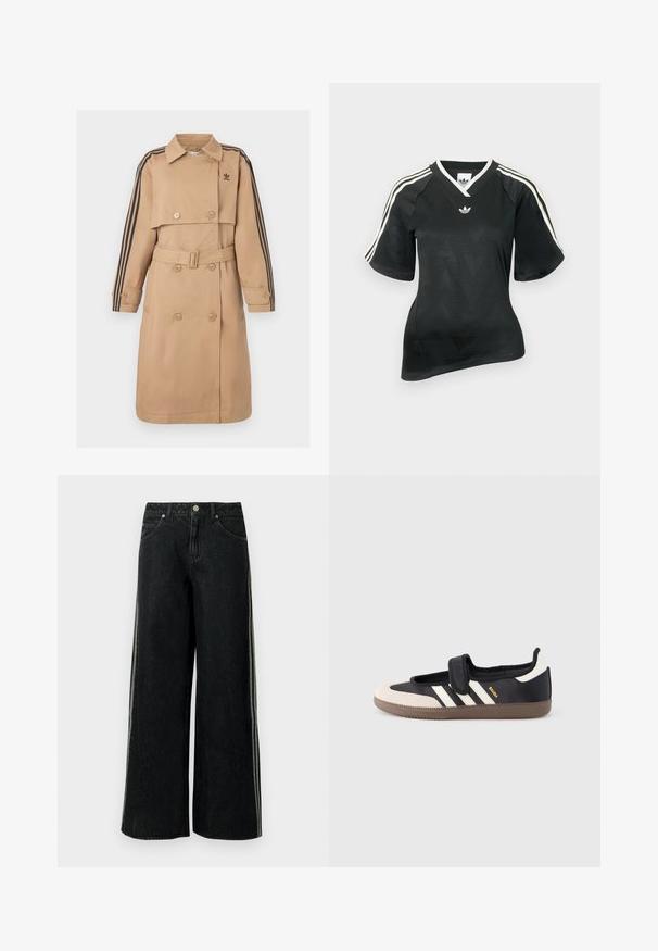 Beige trenchcoat med dobbeltradede knapper, bælte og sorte stribede detaljer på ærmerne; har krave og sidelommer.; Sort atletisk skjorte med V-hals, korte ærmer og tekstureret chevronmønster. Har hvide tre-stribe accenter på skuldrene og logo.; Sorte vidde denimjeans med sidelommer, forlommer, bæltestropper og en metal lynlås ved taljen.; Sort og beige sko med velcrolukning, tre hvide striber på siden og en tekstureret brun gummisål. Mærkelogo er synligt.