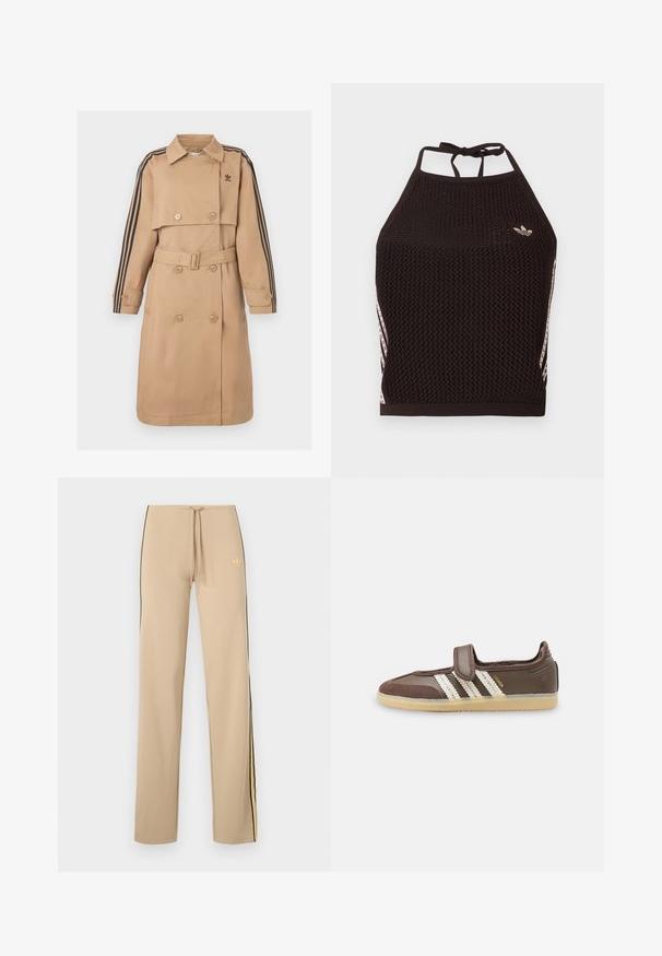 Beige trenchcoat med dobbeltradede knapper, bælte og sorte stribede detaljer på ærmerne; har krave og sidelommer.; Sort mesh halter crop top med tekstureret design. Har pink accentstriber og en lille logo foran. Lukning med bånd bagpå.; Beige joggingbukser med sorte sidelister og gule detaljer. Har justerbar snøre i taljen og et diskret logo på øverste venstre side.; Brun sneaker med beige gummisål, tre hvide striber på siden og en enkelt velcrolukning over vristen.
