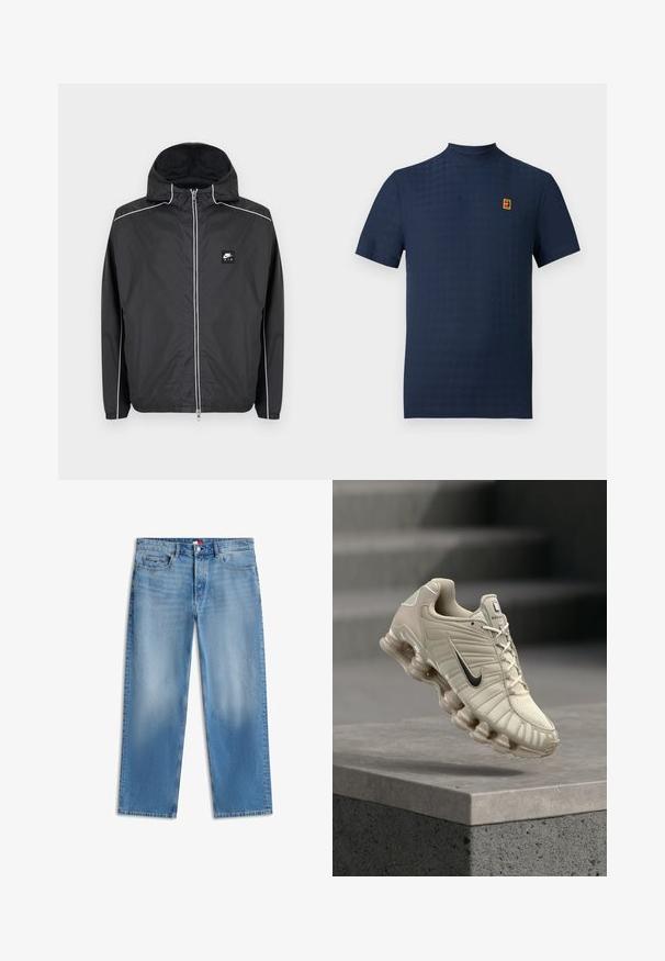 Μαύρο zip-up φούτερ με κουκούλα της Nike Air με λευκή επένδυση κατά μήκος των μανικιών, ώμων και φερμουάρ, με ελαστικά μανίκια και τελείωμα.; Μπλε σκούρο μπλουζάκι με κοντά μανίκια, ψηλό γιακά και μικρό πολύχρωμο τετράγωνο λογότυπο στο αριστερό στήθος πάνω σε λευκό φόντο.; Τζιν παντελόνια από ανοιχτό μπλε τζην με ίσια γραμμή, πέντε τσέπες, κούμπωμα με κουμπί και διακριτική ξεθώριαση στους μπροστινούς μηρούς και γόνατα.; Μπεζ αθλητικό παπούτσι Nike με μαύρο σήμα, αεριζόμενο επάνω μέρος και χαρακτηριστική τμηματική σόλα, τοποθετημένο πάνω από μια τσιμεντένια πλατφόρμα.