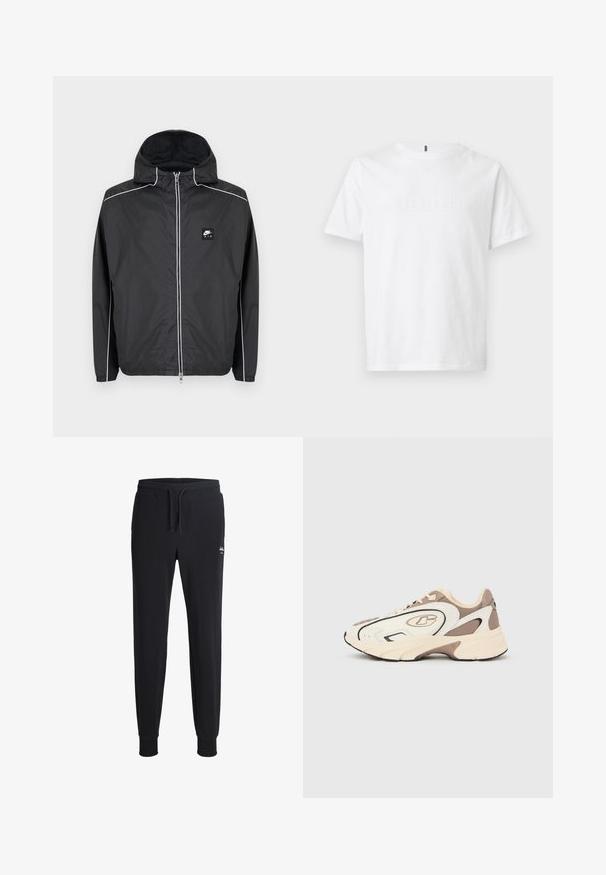 Μαύρο zip-up φούτερ με κουκούλα της Nike Air με λευκή επένδυση κατά μήκος των μανικιών, ώμων και φερμουάρ, με ελαστικά μανίκια και τελείωμα.; Λευκό κοντομάνικο μπλουζάκι με στρογγυλή λαιμόκοψη και διακριτικό ανάγλυφο κείμενο «ORIGINALS» στο στήθος, εμφανίζεται σε απλό φόντο.; Μαύρο στενό παντελόνι jogging με ελαστική μέση, κορδόνι ρύθμισης, πλαϊνές τσέπες, ριμπ μανσέτες και μικρό λευκό λογότυπο στο αριστερό μηρό.; Αθλητικά παπούτσια με χρωματικό σχέδιο σε κρέμα και καφέ, από δίχτυ και συνθετικά υλικά, στρογγυλεμένη μύτη και έντονο λογότυπο στο πλάι.