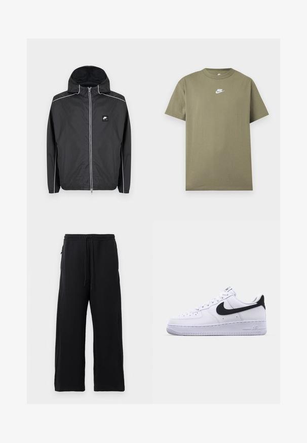 Μαύρο zip-up φούτερ με κουκούλα της Nike Air με λευκή επένδυση κατά μήκος των μανικιών, ώμων και φερμουάρ, με ελαστικά μανίκια και τελείωμα.; Κοντομάνικο μπλουζάκι Nike σε ελιά πράσινο με στρογγυλή λαιμόκοψη και λευκό λογότυπο στο στήθος, σε απλό ανοιχτό γκρι φόντο.; Μαύρες φόρμες από μαλακό ύφασμα, με κορδόνι στη μέση, φαρδιά γραμμή και πλαϊνές τσέπες με λεία υφή.; Λευκό δερμάτινο αθλητικό παπούτσι με υφή μαύρου Swoosh, επίπεδα κορδόνια και καουτσούκ σόλα με ραβδωτό σχέδιο. Η λέξη "AIR" είναι ανάγλυφη στην φτέρνα.