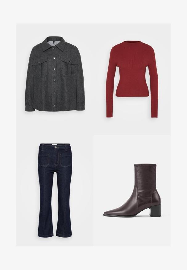 Veste gris en mélange de laine avec fermeture à boutons, deux poches poitrine et un col. Texture douce avec une coupe décontractée.; Pull ajusté à côtes, à manches longues, de couleur rouge foncé avec col rond, présenté sur un fond neutre clair.; Jean en denim bleu foncé avec des poches avant à patch, coutures contrastées, passants de ceinture, fermeture par bouton et jambes légèrement évasées.; Botte en cuir brun foncé mi-mollet avec un bout pointu et un talon bloc, finition lisse, et détails de coutures le long des côtés.