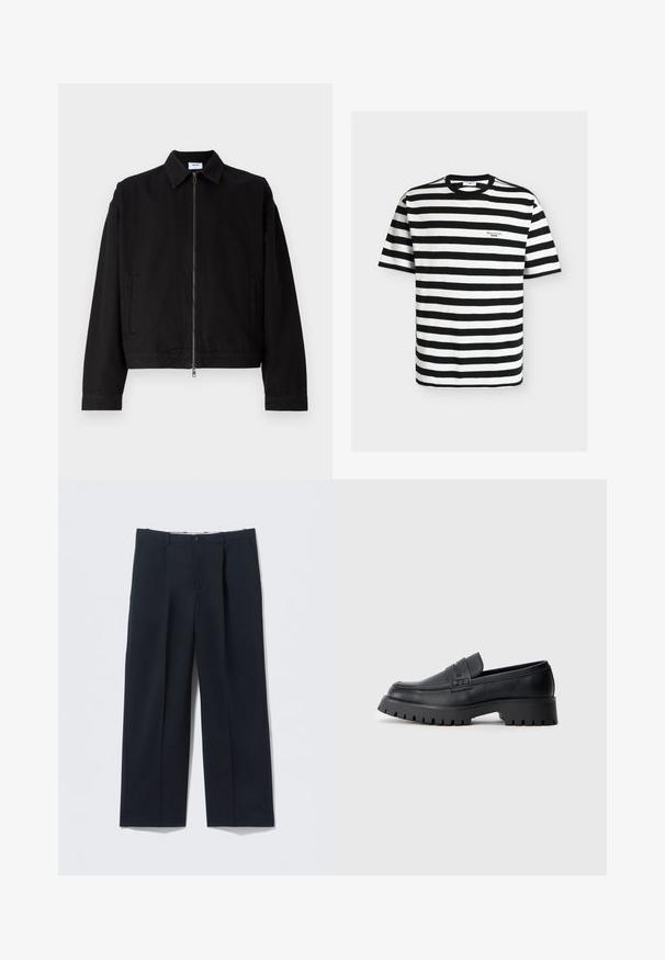 Zwarte cropped jas van katoen met een ritssluiting aan de voorkant, puntige kraag en zijzakken. Heeft lange mouwen en een gladde textuur.; Zwart-wit horizontaal gestreept T-shirt met korte mouwen, ronde hals en klein "Marc O'Polo Denim"-logo op de borst.; Donkerblauwe broek van gladde stof, met een getailleerde pasvorm, twee steekzakken aan de voorkant en een knoopsluiting.; Zwarte leren instappers met een ronde neus, voorzien van een decoratieve riem en een stevige rubberen zool met diepe groeven voor grip.