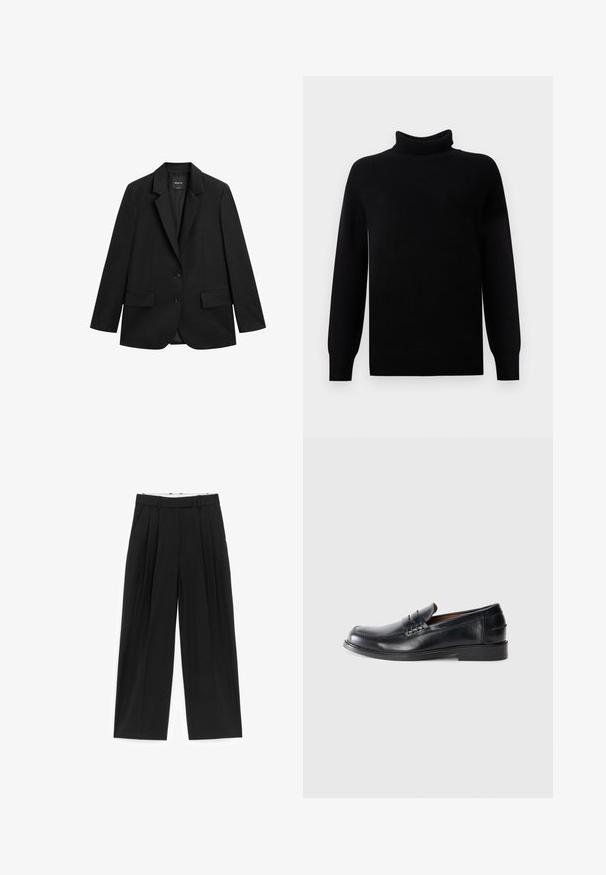 Zwarte enkelrijige blazer met inkeping revers, twee klepzakken aan de voorkant en twee knopen, op een witte achtergrond.; Zwarte coltrui gemaakt van zachte gebreide stof. Beschikt over lange mouwen en geribbelde details bij de kraag, manchetten en zoom.; Zwarte broek met wijde pijpen, voorplooien, riemlussen en zijzakken, ontworpen voor een getailleerde pasvorm.; Zwarte leren instappers met een ronde neus, gestikte details en een lage blokhak. Soepele textuur met een subtiele glans.
