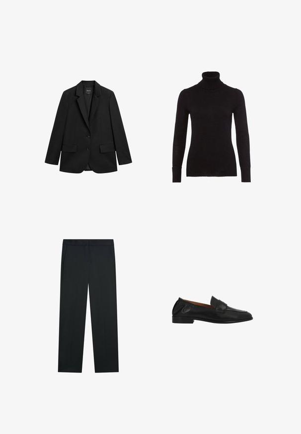 Zwarte enkelrijige blazer met inkeping revers, twee klepzakken aan de voorkant en twee knopen, op een witte achtergrond.; Zwarte coltrui van zacht breimateriaal. Voorzien van lange mouwen, geribde manchetten en een geribde halslijn. Glad oppervlak zonder zichtbare patronen.; Zwarte formele broek met rechte pijpen en zijzakken, plat afgebeeld tegen een witte achtergrond.; Zwarte leren instaploaier met lage hak, een afgeronde neus en een doorgestikte band over de bovenzijde.