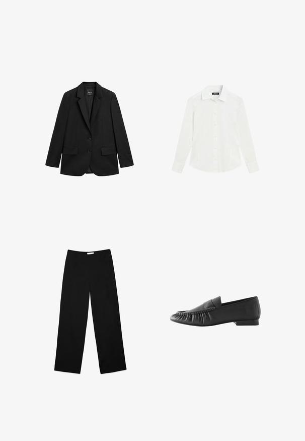 Zwarte enkelrijige blazer met inkeping revers, twee klepzakken aan de voorkant en twee knopen, op een witte achtergrond.; Wit overhemd met lange mouwen, kraag en manchetten, plat liggend op een witte achtergrond.; Wijdere broek in zwarte stof, met een gladde textuur, strak ontwerp en een discrete zijrits als sluiting.; Zwarte leren herenslof met een lage hak, geplooide voorkant details en een gladde afwerking aan de zijkanten en achterkant.