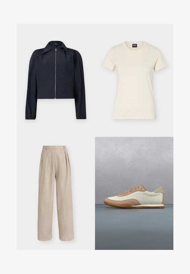 Veste légère bleu marine avec fermeture éclair frontale, manches longues, col et poches latérales sur un fond clair uni.; T-shirt à manches courtes couleur crème, col rond, avec petit logo brodé sur le côté gauche de la poitrine et étiquette noire "BOSS" à l'intérieur du col.; Pantalon beige taille haute à jambes larges avec de fines rayures verticales, plis devant et passants pour ceinture à la taille.; Baskets crème et beige avec une tige texturée, des lacets et une semelle en caoutchouc, présentées au-dessus d'une surface en bois avec des cailloux.