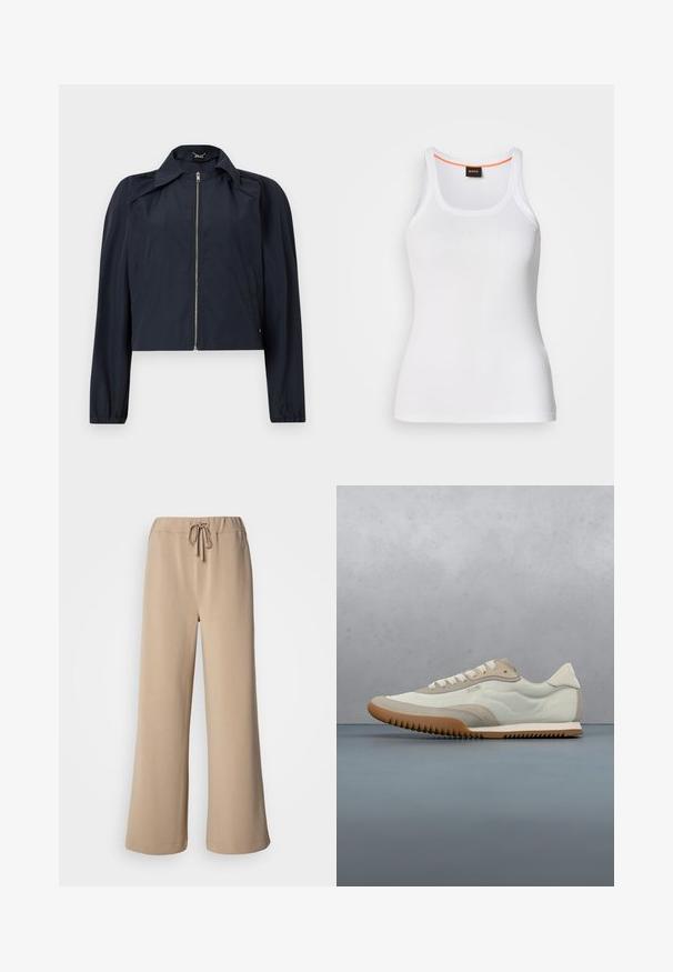Veste légère bleu marine avec fermeture éclair frontale, manches longues, col et poches latérales sur un fond clair uni.; Débardeur blanc côtelé avec un col rond, présentant un design à bretelles étroites et un accent orange le long de l'intérieur du col. Logo de la marque affiché.; Pantalon beige à jambes larges avec une ceinture élastique et un cordon de serrage. Confectionné dans un tissu doux à la texture lisse, avec un ourlet surpiqué.; Sneakers blancs et beiges avec une tige lisse et des accents en daim, une semelle texturée et des coutures ton sur ton. Fermeture à lacets avec détail de logo.