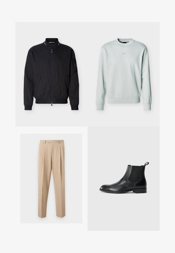 Blouson aviateur noir zippé avec col montant, poignets et ourlet côtelés, et une poche zippée sur la manche gauche.; Sweat-shirt gris clair à col rond avec poignets et ourlet côtelés, petit logo "BOSS" centré sur la poitrine.; Pantalon beige sur mesure avec plis sur le devant, passants de ceinture et jambes droites, présenté sur un fond clair et uni.; Bottine en cuir noir avec des panneaux latéraux élastiques, bout rond et tirette. Texture lisse, semelle plate, design minimaliste.