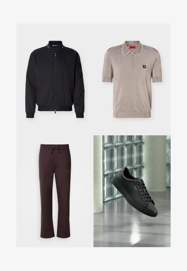 Blouson aviateur noir zippé avec col montant, poignets et ourlet côtelés, et une poche zippée sur la manche gauche.; Polo à manches courtes brun clair avec un col zippé et un logo Hugo noir en forme de carré sur la poitrine gauche.; Pantalon de survêtement marron foncé avec une taille élastique, un cordon de serrage, des poches latérales et le logo "HUGO" imprimé sur la jambe gauche. Texture douce.; Baskets basses en cuir noir avec lacets noirs et logo BOSS doré sur le côté, flottant au-dessus d’un sol gris brillant dans un espace intérieur moderne.
