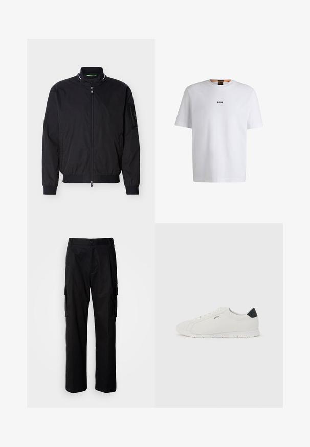 Blouson aviateur noir zippé avec col montant, poignets et ourlet côtelés, et une poche zippée sur la manche gauche.; T-shirt en coton blanc à manches courtes, avec un logo noir "BOSS" centré sur la poitrine et un design à col rond.; Pantalon cargo noir à coupe décontractée, avec poches latérales, fermeture par bouton, et tissu léger et lisse.; Baskets blanches basses avec languette de talon noire, lacets blancs et logo "BOSS" sur le côté, présentées sur un fond clair uni.