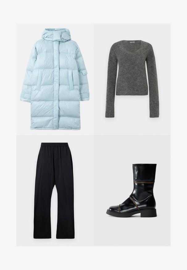 Lysblå puffer-jakke med hætte, med et quiltet design, sidelommer og justerbare manchetter. Glat, blankt stoftekstur.; Grå, langærmet sweater lavet af blødt, struktureret stof med en bred, rund halsudskæring og en tætsiddende silhuet.; Sort løstsiddende bukser med elastisk talje og lige ben, designet til afslappet eller behageligt brug.; Sort læder ankelstøvle med blank finish, rund tå, lav blokhæl og kontrasterende brune syninger. Glat tekstur og strømlinet design.