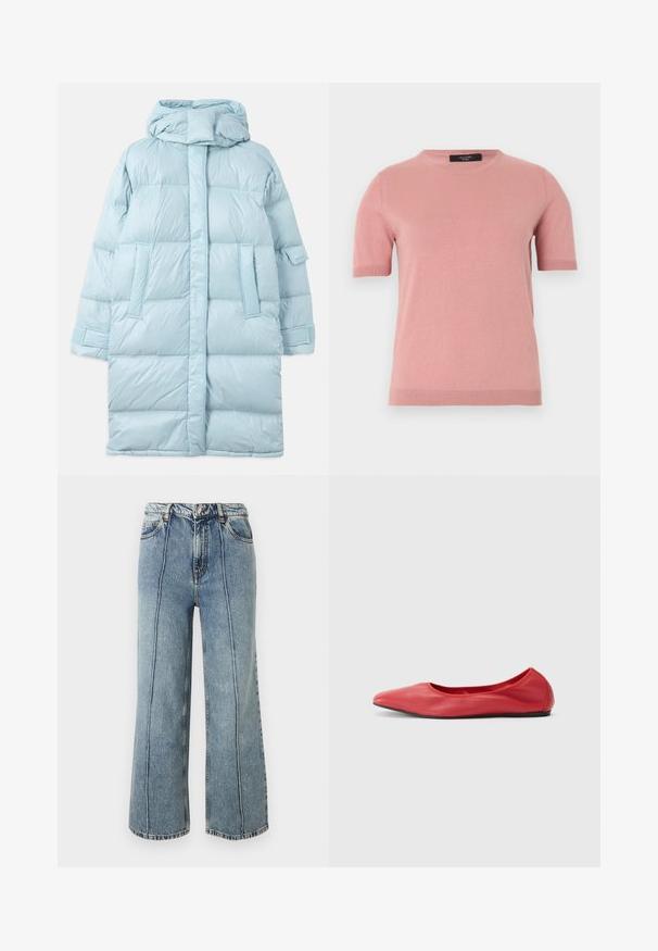 Veste matelassée bleu clair avec capuche, présentant un design matelassé, des poches latérales et des poignets ajustables. Texture de tissu lisse et brillante.; Pull tricoté rose pâle à manches courtes avec col rond et poignets et ourlet côtelés, présenté sur un fond uni clair.; Jean denim bleu taille haute avec jambes larges, bouton et zip à l'avant, poches latérales et coutures verticales visibles sur chaque jambe.; Filippa K REY FLATS - Ballerines - bright red