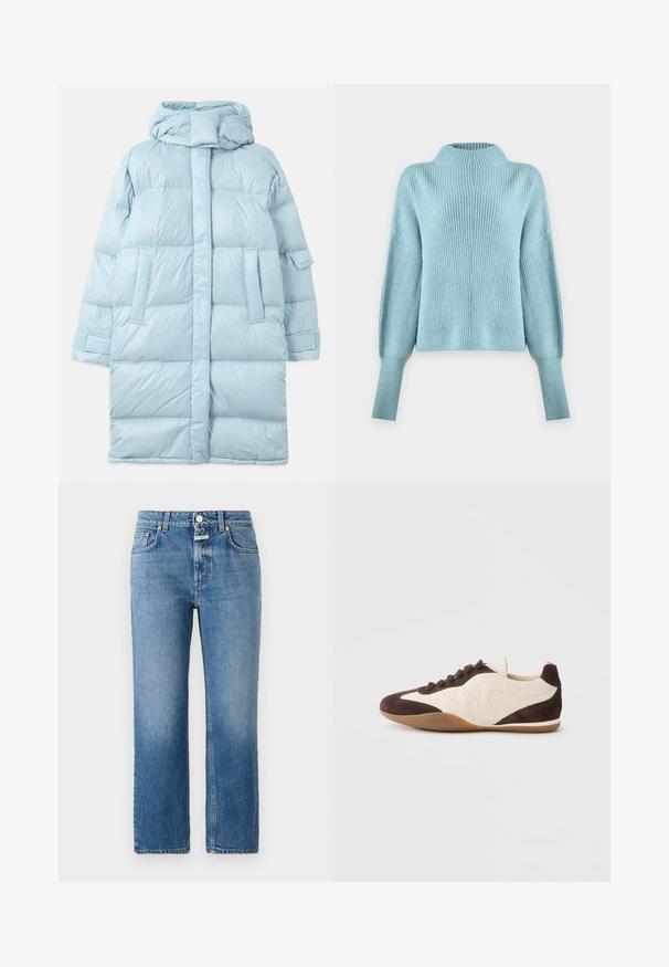 Lysblå puffer-jakke med hætte, med et quiltet design, sidelommer og justerbare manchetter. Glat, blankt stoftekstur.; Lyseblå strikket sweater med høj hals, lange faldende ærmer og ribstrikket struktur på en ensfarvet hvid baggrund.; CLOSED MILO - Jeans Straight Leg - mid blue; Brun og cremefarvet sneaker med en blanding af teksturerede og glatte materialer, lav profil, snørelukning og en gummisål.