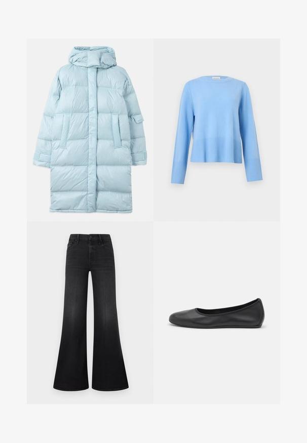 Lysblå puffer-jakke med hætte, med et quiltet design, sidelommer og justerbare manchetter. Glat, blankt stoftekstur.; Lyseblå crewneck-trøje med lange ærmer og ribkant ved ærmer og kant på en ensfarvet grå baggrund.; Sorte vide jeans lavet af denim med en midt-høj talje, fem-lomme design og subtil overfladestruktur.; Sort læderballetsko med rund tå, glat tekstur, minimal syning og et fleksibelt såldesign.