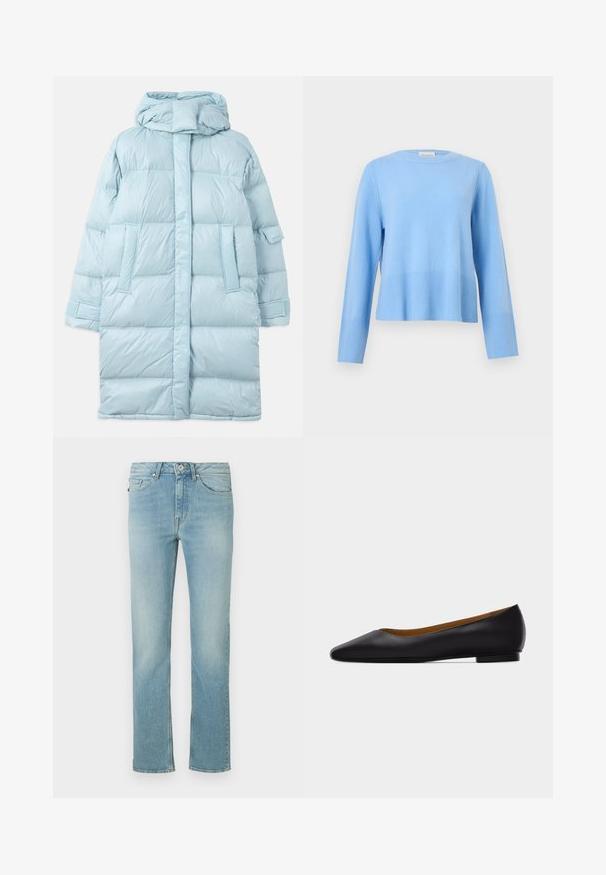 Veste matelassée bleu clair avec capuche, présentant un design matelassé, des poches latérales et des poignets ajustables. Texture de tissu lisse et brillante.; Pull bleu clair à col rond, manches longues avec poignets et ourlet côtelés sur un fond gris uni.; Jeans en denim bleu clair à coupe droite, avec cinq poches, fermeture par bouton supérieur et décoloration subtile sur l'ensemble.; Chaussure plate en cuir noir à bout pointu avec talon bas et finition lisse, vue de côté sur un fond gris clair.
