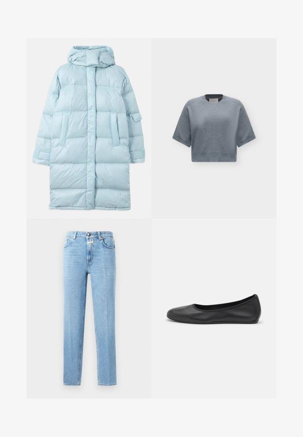 Veste matelassée bleu clair avec capuche, présentant un design matelassé, des poches latérales et des poignets ajustables. Texture de tissu lisse et brillante.; Pull tricoté bleu clair à manches courtes avec un col rond et une texture côtelée, présenté sur fond blanc.; Jean en denim bleu clair avec une coupe droite, un design à cinq poches et un système de fermeture à bouton en métal. Tissu texturé avec un léger délavage.; Ballerines en cuir noir avec un bout rond, texture lisse, détails de couture minimalistes et design de semelle flexible.