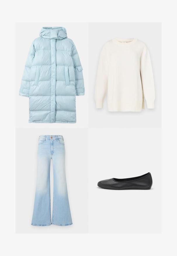 Lysblå puffer-jakke med hætte, med et quiltet design, sidelommer og justerbare manchetter. Glat, blankt stoftekstur.; Kremfarvet sweater med tekstureret strik, rund halsudskæring og en let oversized pasform. Har lange ærmer og sidesplitter ved kanten.; Lyseblå højtaljede denimjeans med brede, flared ben, frontknaplukning samt lommer foran og bagpå.; Sort læderballetsko med rund tå, glat tekstur, minimal syning og et fleksibelt såldesign.