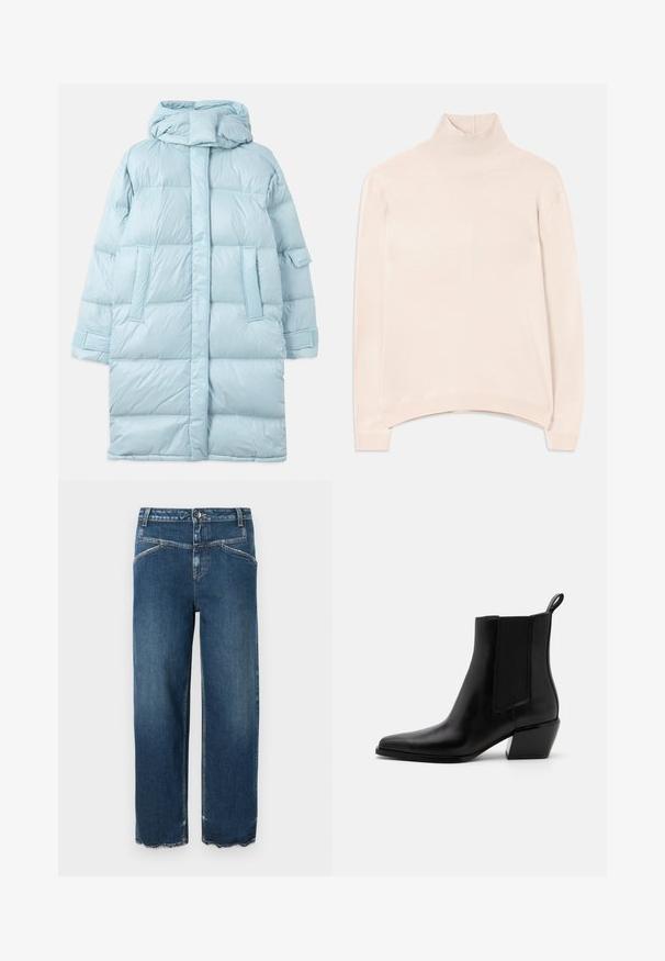 Helle blaue Daunenjacke mit Kapuze, ausgestattet mit einem gesteppten Design, Seitentaschen und verstellbaren Bündchen. Glatte, glänzende Stoffoberfläche.; Hellrosa Langarm-Turtleneck-Pullover mit geripptem Kragen und Saum, in entspannter Passform und aus weicher, glatter Textur.; CLOSED STOVER - Jeans Relaxed Fit - dark blue; Schwarze Leder-Stiefeletten mit spitzem Zeh, elastischen Seitenpanelen und einem niedrigen Blockabsatz. Mit einer Zuglasche an der Ferse für ein einfaches An- und Ausziehen.