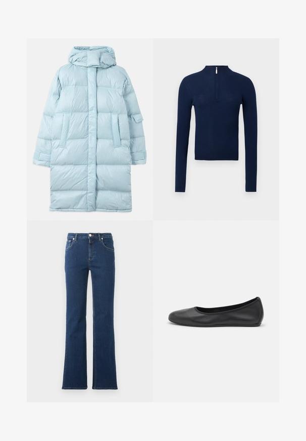 Veste matelassée bleu clair avec capuche, présentant un design matelassé, des poches latérales et des poignets ajustables. Texture de tissu lisse et brillante.; Pull côtelé bleu marine avec un col montant et une demi-fermeture éclair à l'avant. Manches longues, tissu texturé et coupe ajustée.; Jean en denim bleu foncé avec jambes bootcut, bouton et fermeture éclair devant, et design cinq poches sur fond blanc uni.; Ballerines en cuir noir avec un bout rond, texture lisse, détails de couture minimalistes et design de semelle flexible.