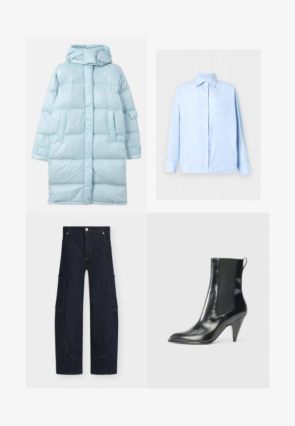 Lysblå puffer-jakke med hætte, med et quiltet design, sidelommer og justerbare manchetter. Glat, blankt stoftekstur.; Lyseblå langærmet skjorte med knapper, spids krave og manchetter med én knap, vist fladt mod en hvid baggrund.; Mørkeblå denim cargobukser med vide ben, frontknap og lynlåslukning samt store sidelommer.; Sort, blanklæder ankelstøvle med spids tå, elastisk sidepanel, pull-tab bagpå og en mid-højde konisk hæl.