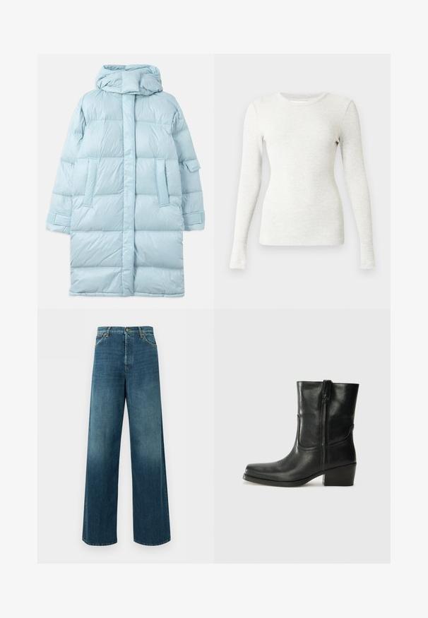 Lysblå puffer-jakke med hætte, med et quiltet design, sidelommer og justerbare manchetter. Glat, blankt stoftekstur.; Langærmet, lysegrå ribbet trøje med rund halsudskæring og tætsiddende silhuet, lavet af blødt, elastisk stof. Ingen mønstre eller detaljer.; Blå denim jeans med vid ben, høj talje, forsideknap og lynlås lukning samt forlommer mod en ensfarvet baggrund.; Sort læder ankelstøvle med rundt tå, blokhæl, lynlås i siden og stikninger på vampsiden. Glat tekstur, klassisk design.