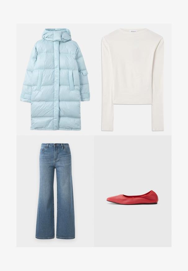 Chaqueta acolchada azul claro con capucha, que presenta un diseño acolchado, bolsillos laterales y puños ajustables. Textura de tela lisa y brillante.; Camiseta blanca de manga larga hecha de algodón, con un sencillo cuello redondo y un ajuste ceñido. La tela es suave con un ligero estiramiento.; Vaqueros de mezclilla anchos de color azul claro con una cintura alta, cierre de botón y cremallera, y bolsillos frontales.; Filippa K REY FLATS - Bailarinas - bright red