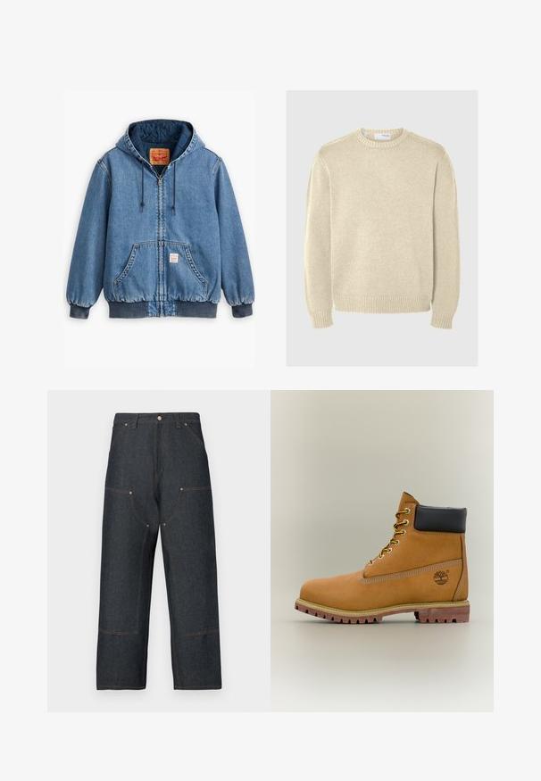 Blå denim hoodiejakke med lynlåslukning, frontlommer, ribbede manchetter og kant, samt en quiltet inderside. Levi's mærket synligt indeni.; Lys beige striktrøje med rund halsudskæring, lange ærmer, ribbede manchetter og kant. Glat tekstur med et mellemtykt mønster.; Mørkeblå denimjeans med vid ben, der har kontrasterende orange syninger, forlommer og en klassisk knaplukning.; Brun læderankelstøvle med sort krave, gule snørebånd og tanfarvet sål. Har logo og hvide syninger som detalje. Robust ydersål med greb.