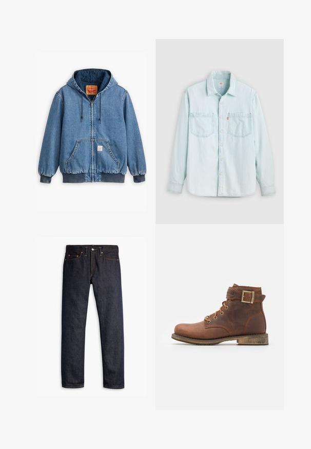 Blå denim hoodiejakke med lynlåslukning, frontlommer, ribbede manchetter og kant, samt en quiltet inderside. Levi's mærket synligt indeni.; Lyseblå denimskjorte med lange ærmer, knaplukning foran, to brystlommer og krave, vist mod en ensfarvet lys baggrund.; Mørkeblå denimjeans med lige pasform, fem-lomme design, kobbernitter, gul syning og et markant struktureret stof.; Harley Davidson VNTGMOTO SHORT RIDING APPROVED - Cowboy- / bikerstøvlette - brown