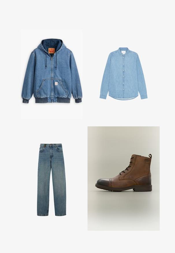 Blå denim hoodiejakke med lynlåslukning, frontlommer, ribbede manchetter og kant, samt en quiltet inderside. Levi's mærket synligt indeni.; Lyseblå denimskjorte med knapper, lange ærmer, spidst krave og afrundet kant. Har knaplukning foran og lille logodetalje.; Falmede blå denimjeans med lige ben-design, fem-lomme stil og knaplukning. Materialet viser let tekstur og slid.; Brun læderstøvle med snørebånd, sort tåhætte, rund sål og mærket detalje på siden mod ensfarvet baggrund.