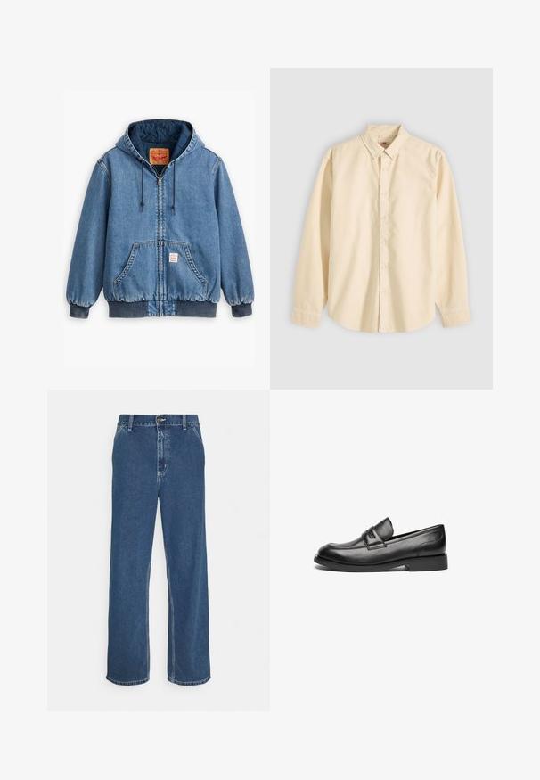 Blauwe denim hoodie met een ritsluiting, voorzakken, ribgebreide manchetten en zoom, en een gewatteerde voering. Levi's label zichtbaar aan de binnenkant.; Beige overhemd met lange mouwen, knopen en kraag, plat liggend met de knopen dicht en manchetten dichtgeknoopt op een lichte achtergrond.; Blauwe spijkerbroek met een rechte snit, vijf-pocket ontwerp, metalen knoopsluiting en zichtbare stiksels langs de naden en de zoom.; Zwarte leren loafers hebben een afgeronde neus, een gestikte naad over de bovenkant en een lage, platte rubbere zool. Gladde textuur zonder zichtbare patronen.